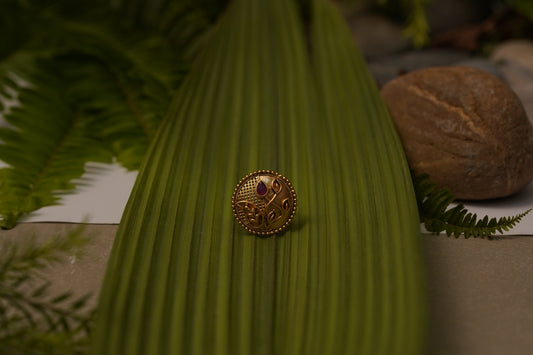 Handcrafted Antique Gold Adjustable Ring with Floral Leaf Design & Ruby Pink Stone