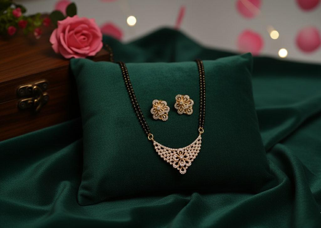 Premium American Diamond Gold Plated Mangalsutra with Earrings