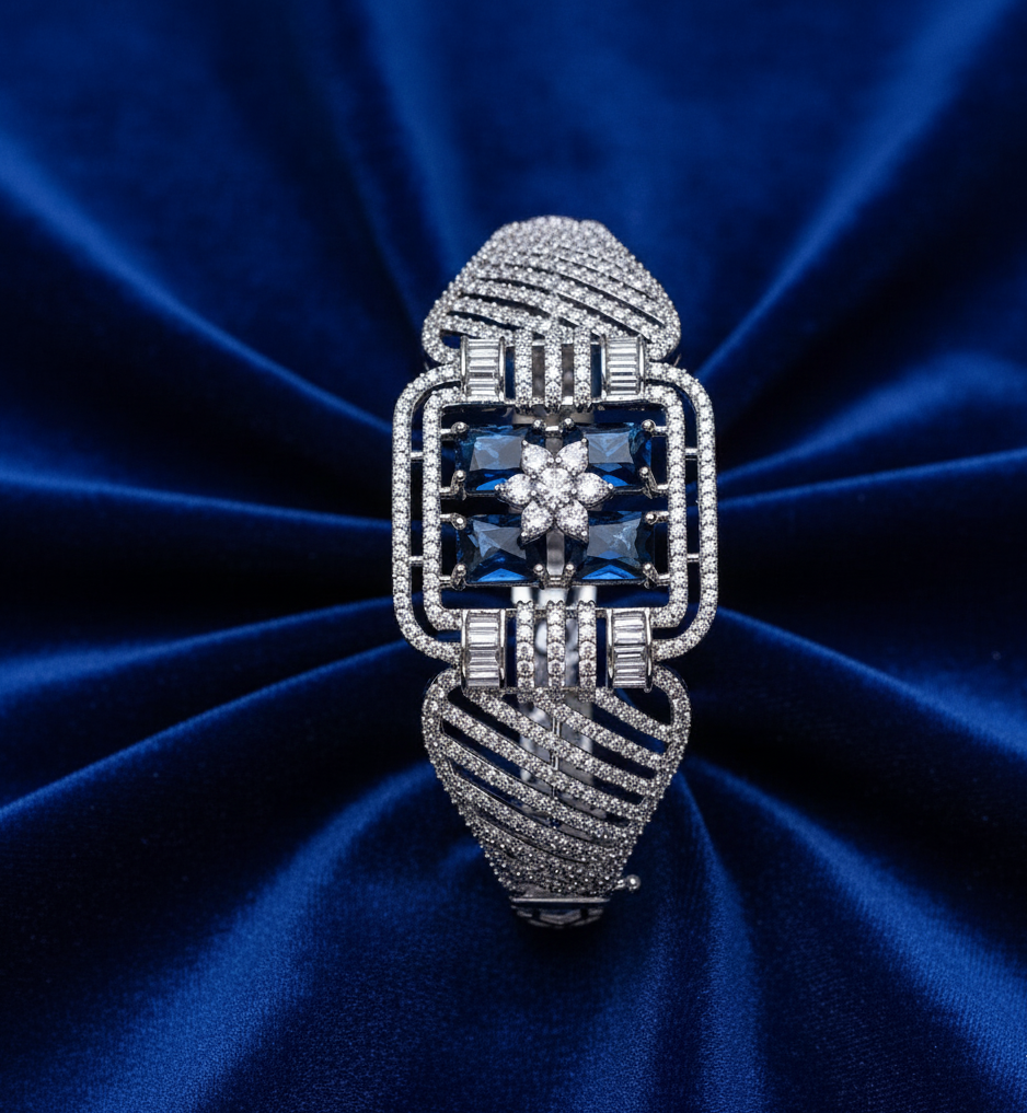 Exquisite American Diamond Free Size Bracelet with Royal Blue Accent