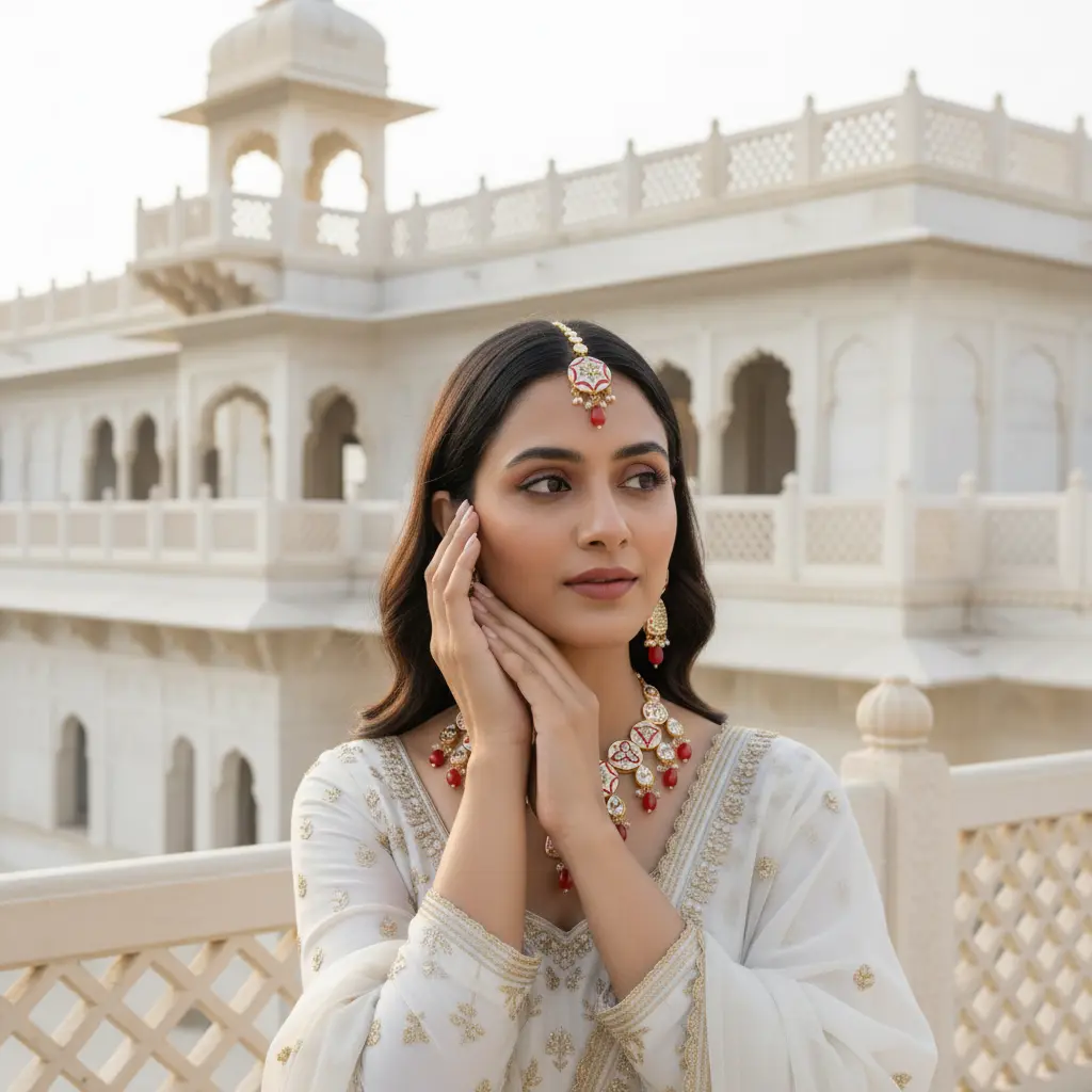 Sizzle Jewels Red Meenakari Necklace Set with Earrings and Maang Tikka