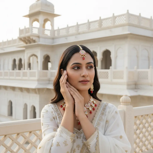 Sizzle Jewels Handmade Red Kundan Necklace Set with Earrings and Maang Tikka SIZZLE JEWELS