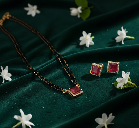 ✨ Trendy Square Pendant Mangalsutra with Ruby Red Stones – Celebrity Style Daily Wear Mangalsutra for Women ✨