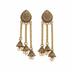 Sizzle Jewels Traditional Long Chain Jhumki Earrings with Pearl Beads