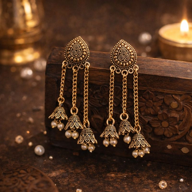 Sizzle Jewels Traditional Long Chain Jhumki Earrings with Pearl Beads