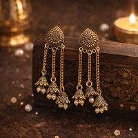 Sizzle Jewels Traditional Long Chain Jhumki Earrings with Pearl Beads