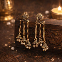 Sizzle Jewels Traditional Long Chain Jhumki Earrings with Pearl Beads