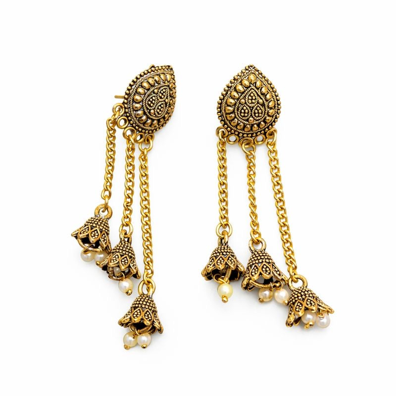 Sizzle Jewels Traditional Long Chain Jhumki Earrings with Pearl Beads