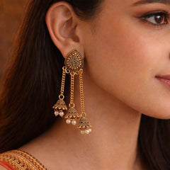 Sizzle Jewels Traditional Long Chain Jhumki Earrings with Pearl Beads