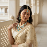 Sizzle Jewels Handmade Sky Blue Kundan Necklace Set with Earrings | Maang Tikka