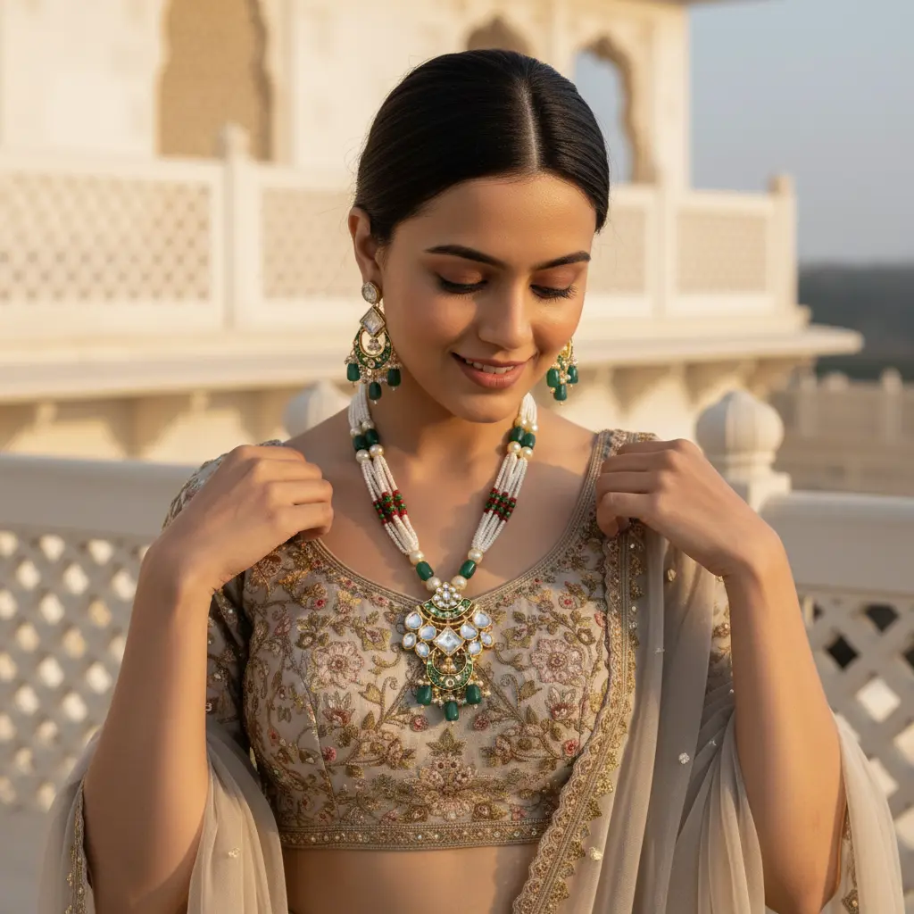 Sizzle Jewels Royal Kundan and Emerald Beaded Necklace Set SIZZLE JEWELS